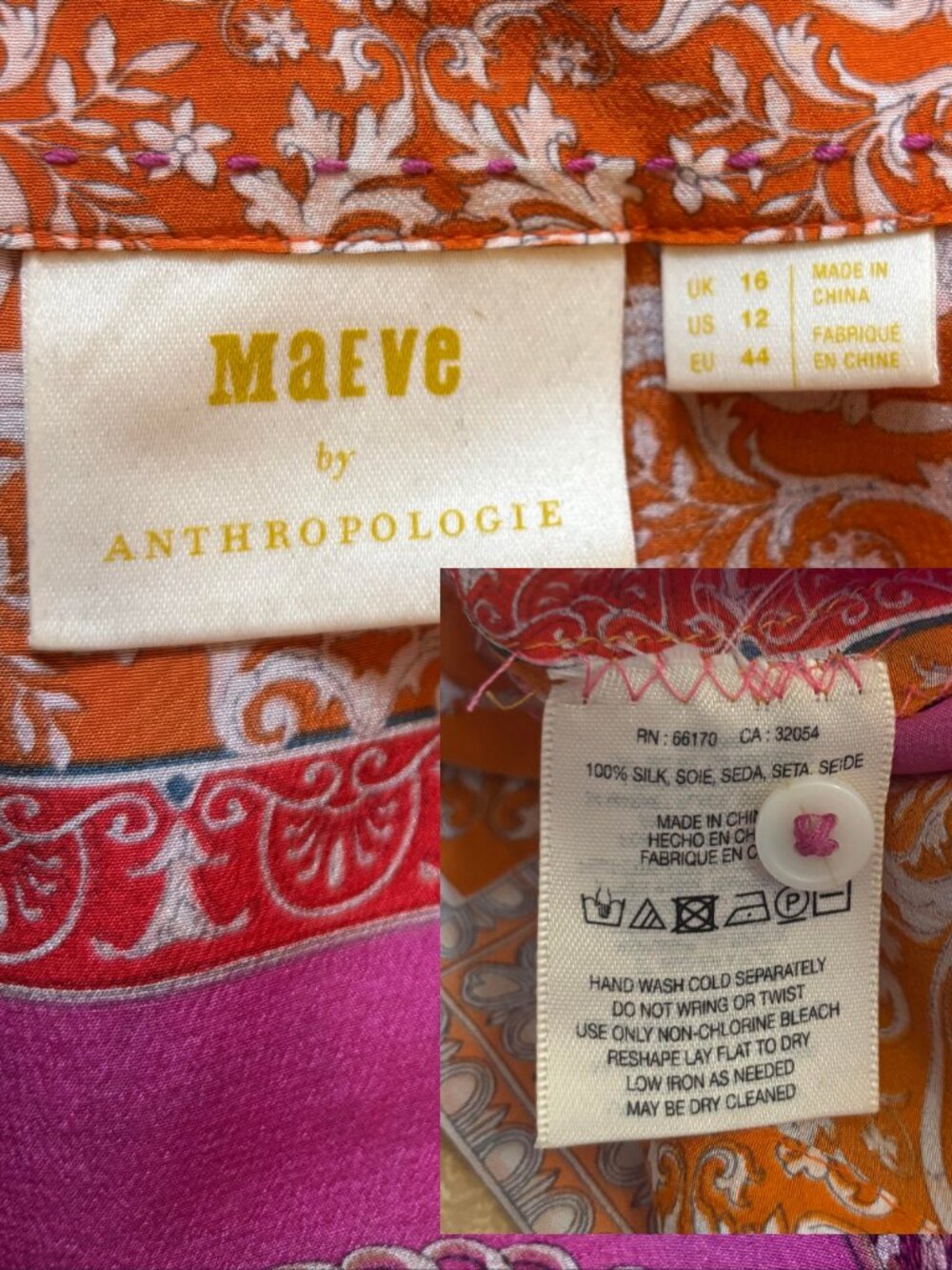 Maeve Anthropologie 100% Silk Resort Print Button Front Blouse Size 12 - Picture 7 of 7